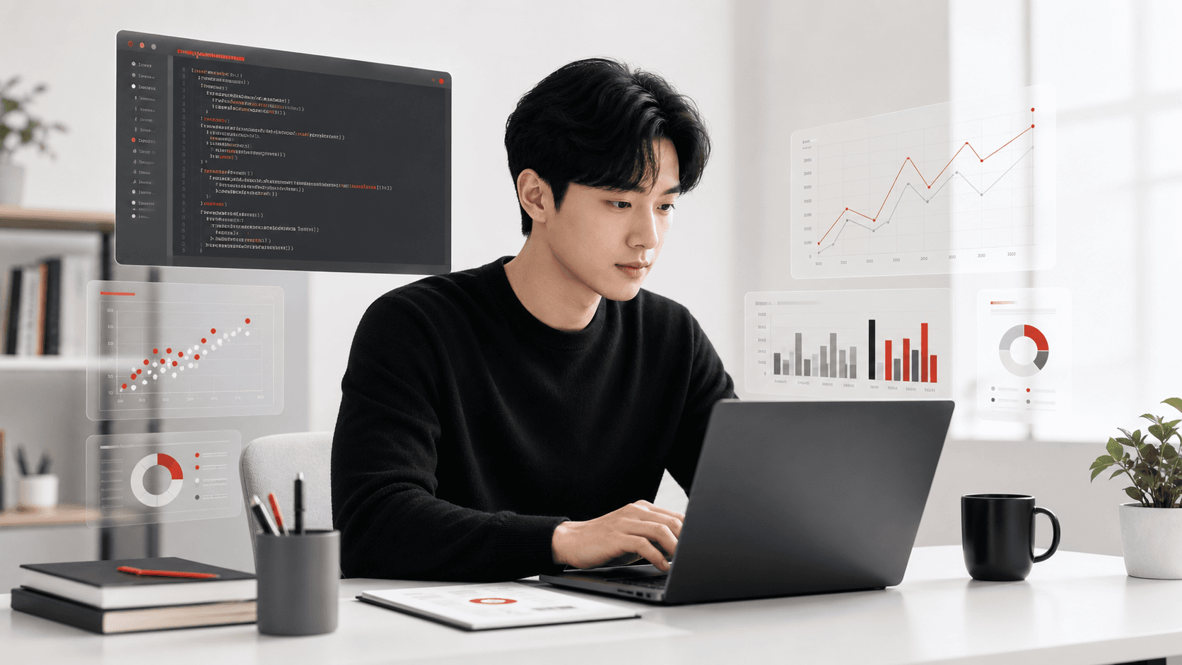 코드와 데이터 시각화를 검토하는 AI 엔지니어